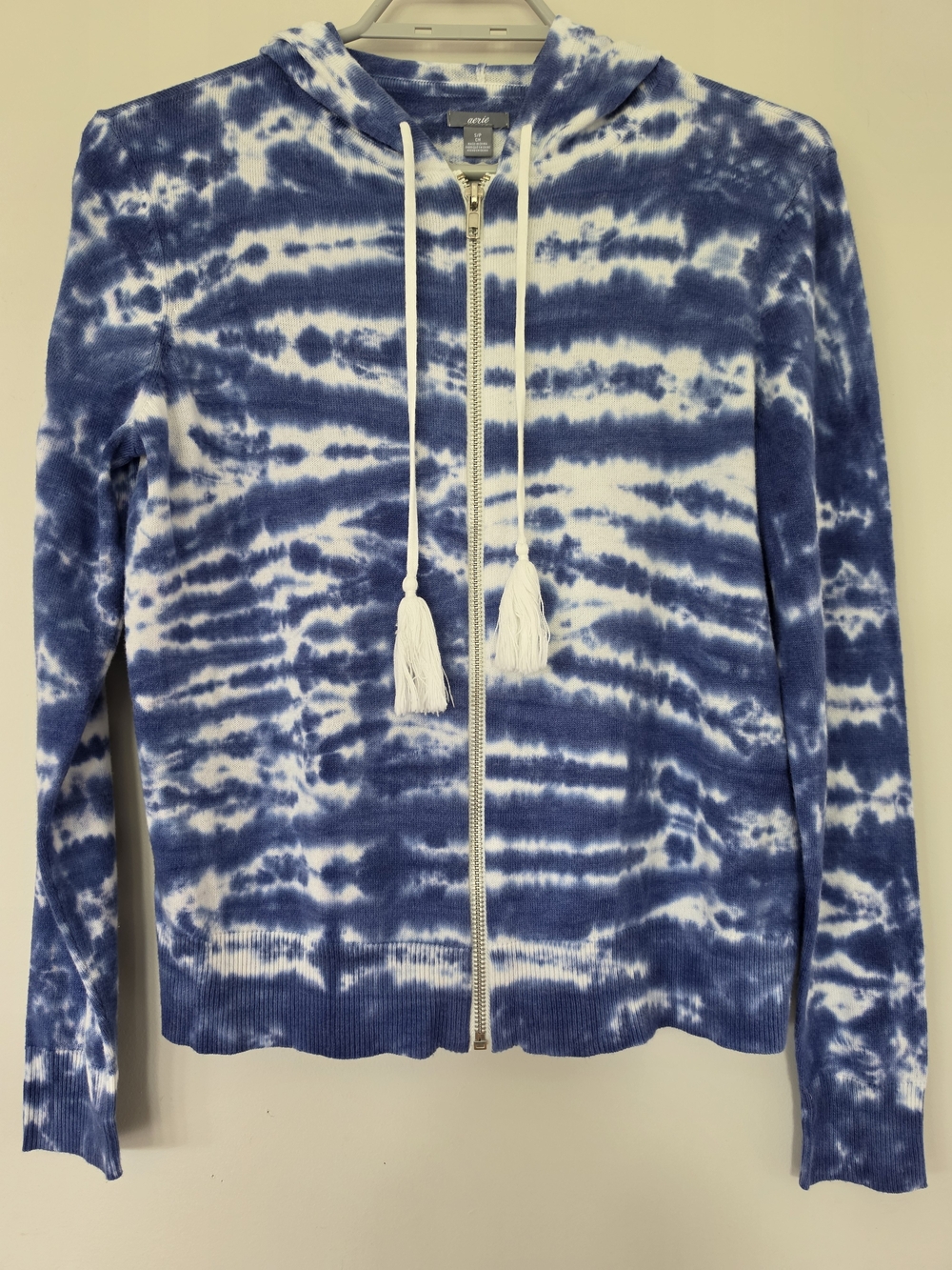 aerie Blue and White Tie-Dye Zip Knit Hoodie with Tassel Drawstrings Boho Vibes.